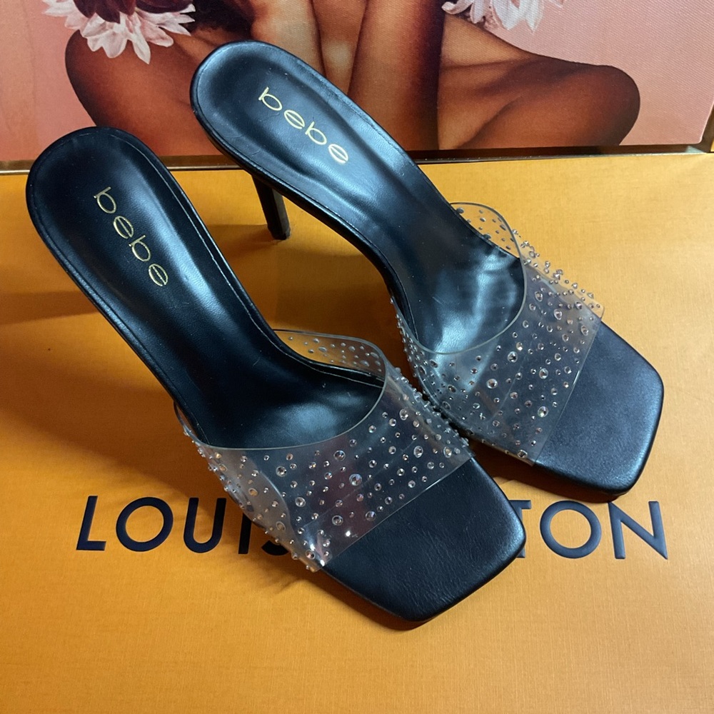 Bebe Black and Clear rhinestone stilletto mule